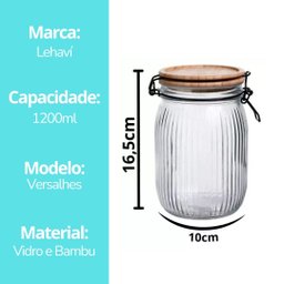 Pote Vidro Hermético Versalhes Tampa Bambu Trava Prime 1200ml - Lehaví - 2