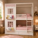 Ver imagem 1 de Beliche Infantil Casinha Reta com 02 Janelas e 02 Gavetas Madeira Maciça Branco/ Rosa Megamobilia