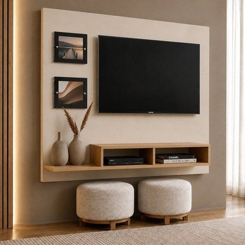 Painel para TV até 46 Polegadas MDF 145CMX120CM 2 Prateleiras Hades Bege