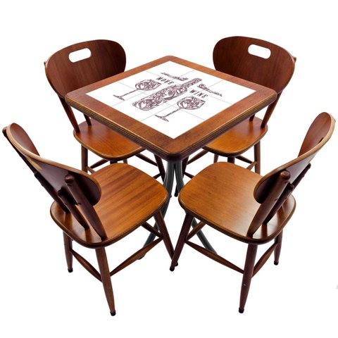 Cj Mesa Madeira Azulejo 60x60cm - Bistrô Fixa 78cm + 4 Cadeiras 43 - Natural - More Wine