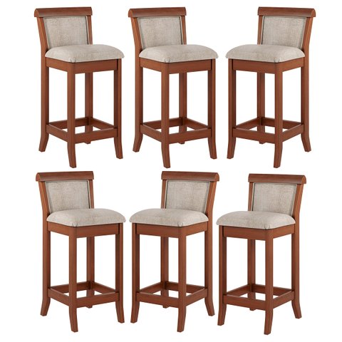 Kit 6 Banquetas Média Estofada Encosto Mônaco 36x90Cm Bancada Madeira Maciça Linho Bege M58 - RMI
