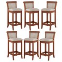 Ver imagem 1 de Kit 6 Banquetas Média Estofada Encosto Mônaco 36x90Cm Bancada Madeira Maciça Linho Bege M58 - RMI
