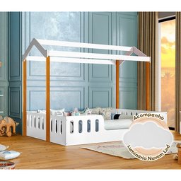 Cama Casal Casinha Montessoriana Ágatha Incluso Luminaria Led Branco/Amêndoa - 2