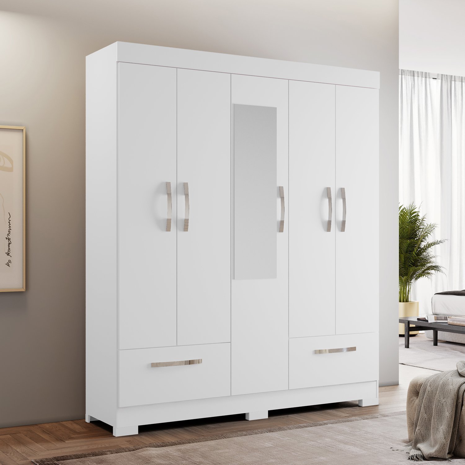 Guarda Roupa Solteiro com Espelho 5 Portas 2 Gavetas NT 5175