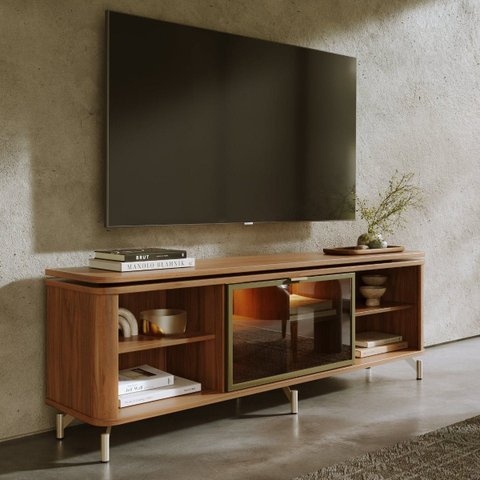 Rack para TV até 75” 1 Porta com Vidro Reflecta e LED Lincoln Float 169 cm - Canella c/ Champanhe