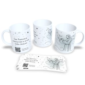 Caneca de Porcelana Religiosa com Qr Code Orações São Francisco de Assis
