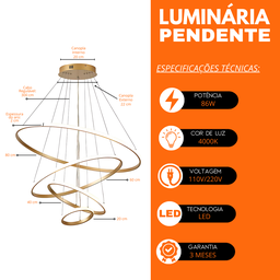 Iluminação de Teto Luminária Pendente Anelar Cor Dourado Luz Neutra Sala de Estar Sala de Jantar - 9