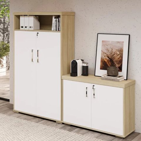 Kit 2 Armários para Escritório Alto e Baixo com Chave em Tamburato 