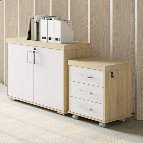 Conjunto 2 Peças Balcão Baixo 2 Portas com Gaveteiro Volante 3 Gavetas Tamburato Carvalho Branco