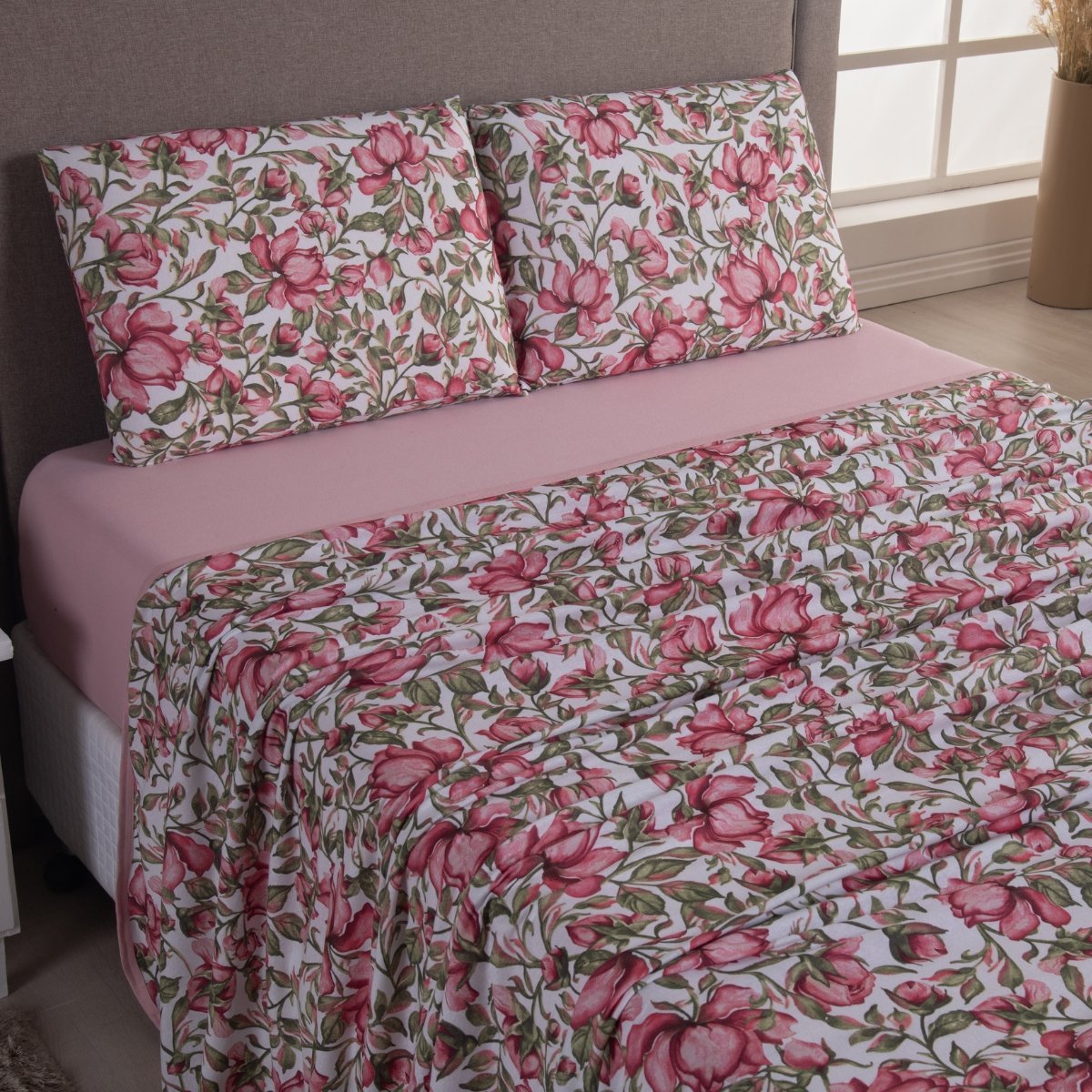 Jogo Lençol Cama King 4 Peças 100% Algodão Malha Penteada: Est Rosa - 2