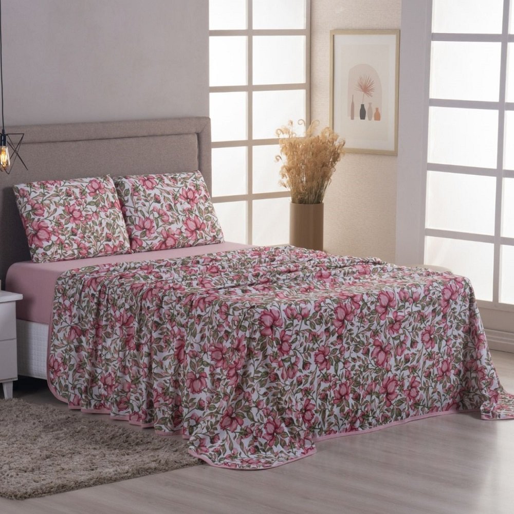 Jogo Lençol Cama King 4 Peças 100% Algodão Malha Penteada: Est Rosa - 1