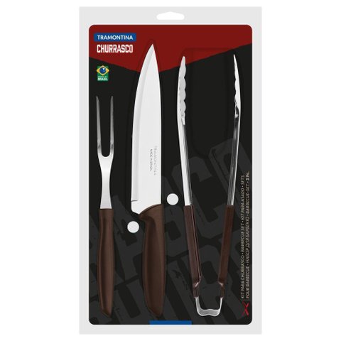 Kit para Churrasco Tramontina Plenus com Laminas em Aço Inox e Cabos de Polipropileno Marrom 3 Peç