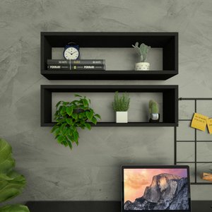 Par de Nichos Retangular P15cm Minimalista Preto Mdf Organizador Escritório Quarto Sala - Rufatto de