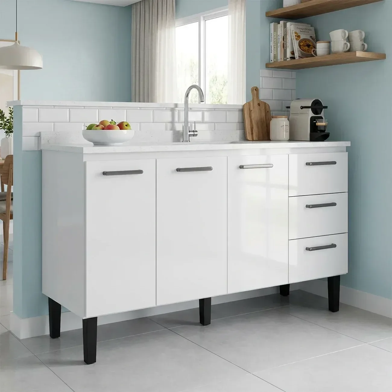 Armário Gabinete para Cozinha em Aço Pia 150cm Novo Vênus Branco
