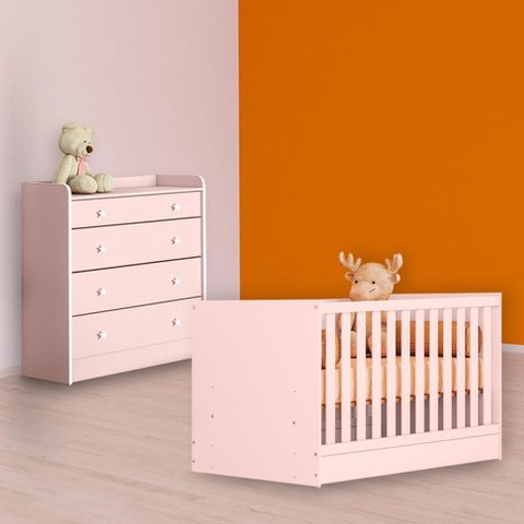 Conjunto Berço Mini Cama e Cômoda Trocador Rosa