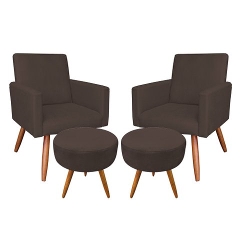 Kit 2 Poltronas e 2 Puffs Banqueta Redonda Nina Veludo Marrom Pés Palito Castanho - Pallazio