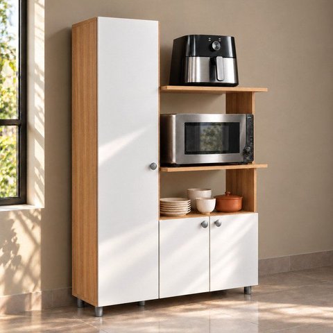 Armário Balcão para Forno e Micro-Ondas 3 Portas Âmbar Branco/Freijó