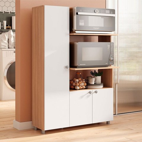 Armário Balcão para Forno e Micro-Ondas 3 Portas Âmbar Branco/Freijó