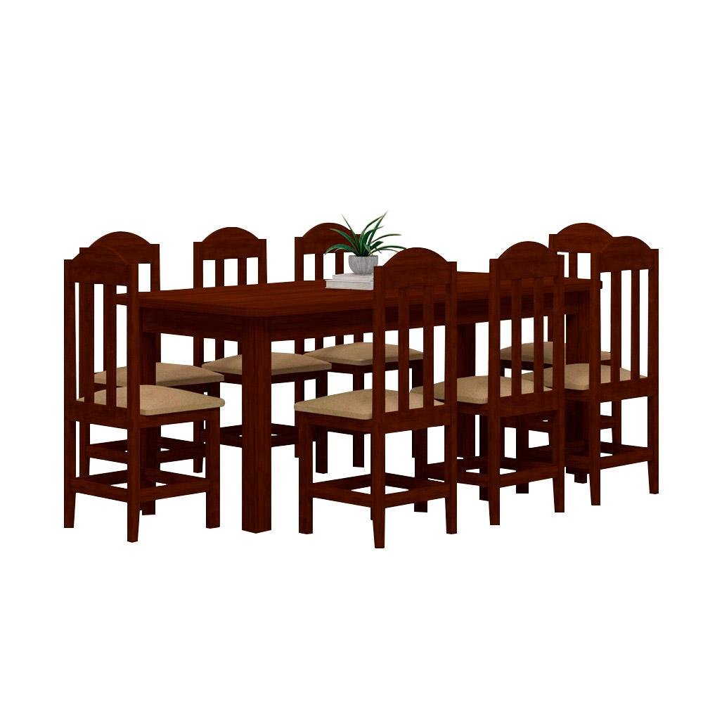 Conjunto Mesa De Jantar Madeira Maciça Safira Com 8 Lugares Estofados Castanho Shop JM - 2