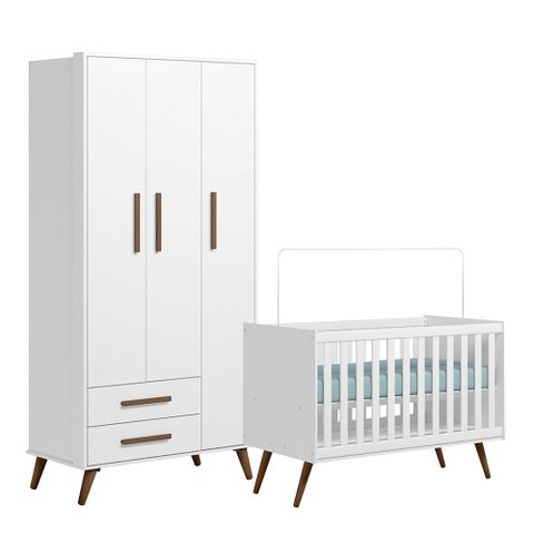 Quarto de Bebê Qencanto Retrô com Roupeiro e Berço Qmovi Branco Acetinado