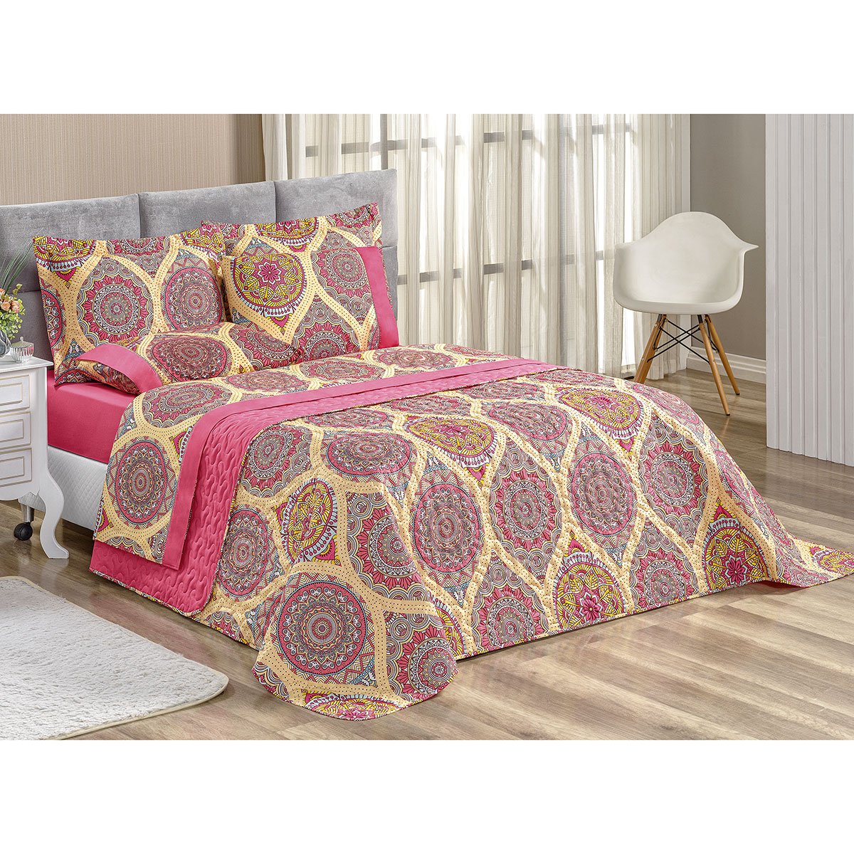 Cobre Leito Mandala Estampado Dupla Face 200 Fios Micropercal 2,40m x 2,20m com 2 Porta Travesseiros - 4