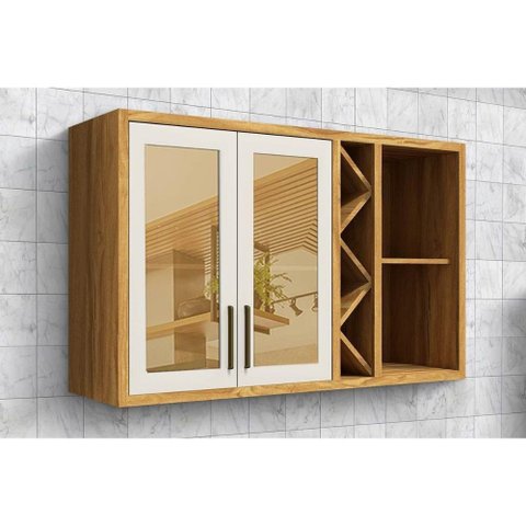 Armário Aéreo Cozinha Modulado Tempranillo Nicho Adega 2 Portas Vidro Reflecta120cm Amendoa/off