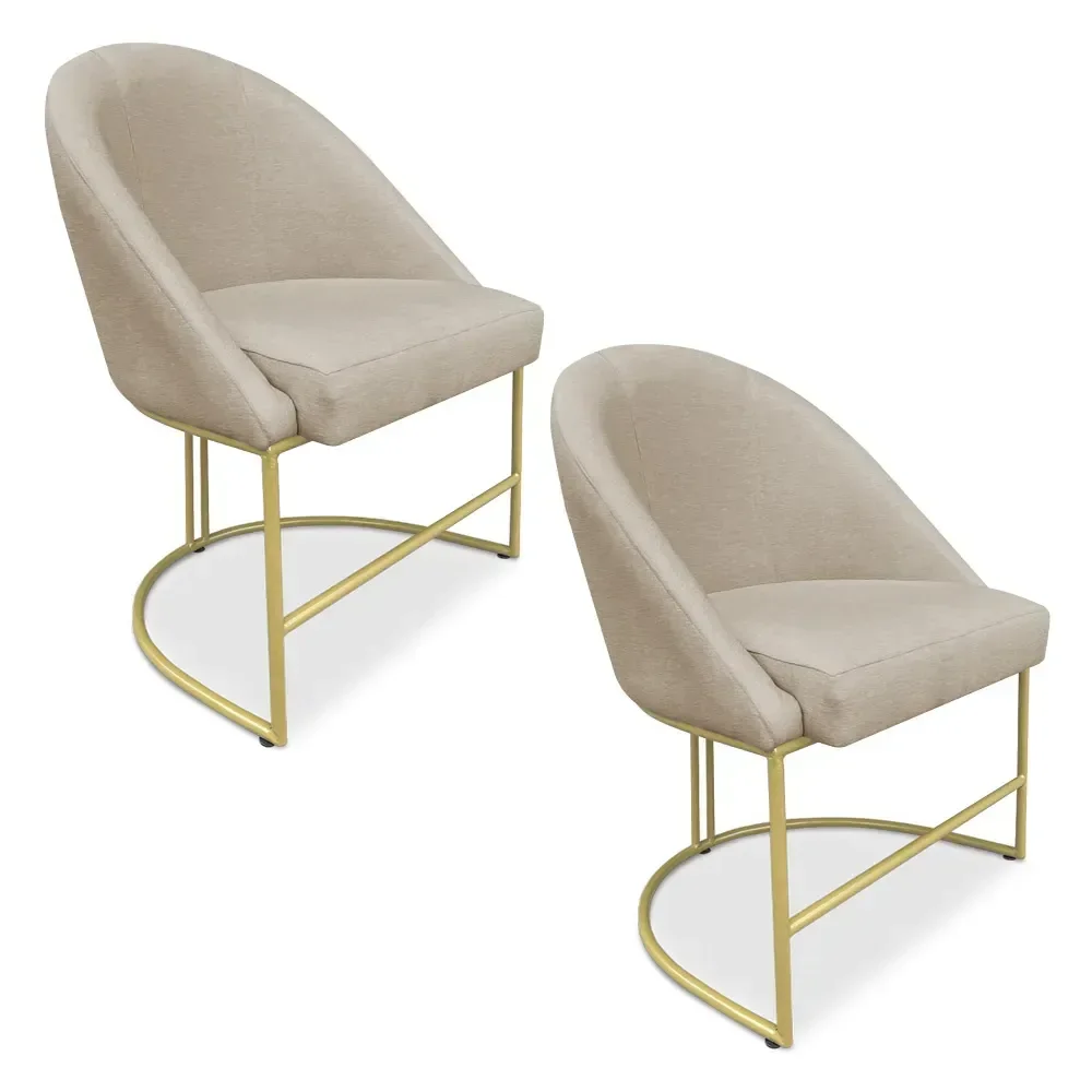 Ver imagem 1 de Kit 02 Cadeiras Poltrona de Jantar Bela Base Metálica Industrial Dourado Sala Recepção Veludo Bege D