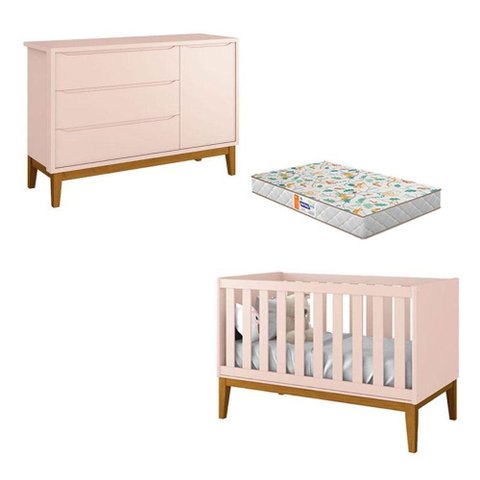 Berço Americano e Cômoda New Classic Rosa com Pés Madeira e Colchão Gazin - Reller