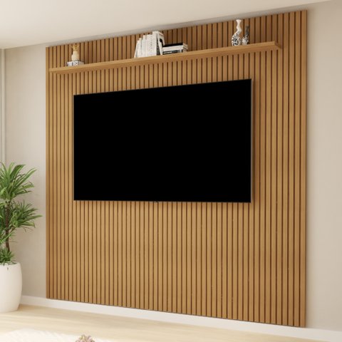Painel para TV até 75 Polegadas MDF 224cmx218cm Frisado Curitiba Marrom Cinamomo