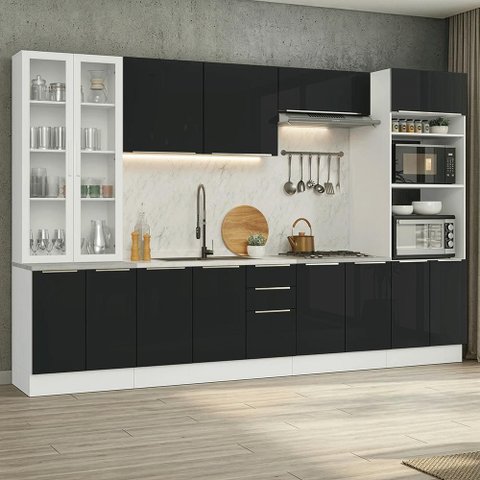 Armário de Cozinha Completa 340 X 60 cm Branco/Preto Lux Madesa 04