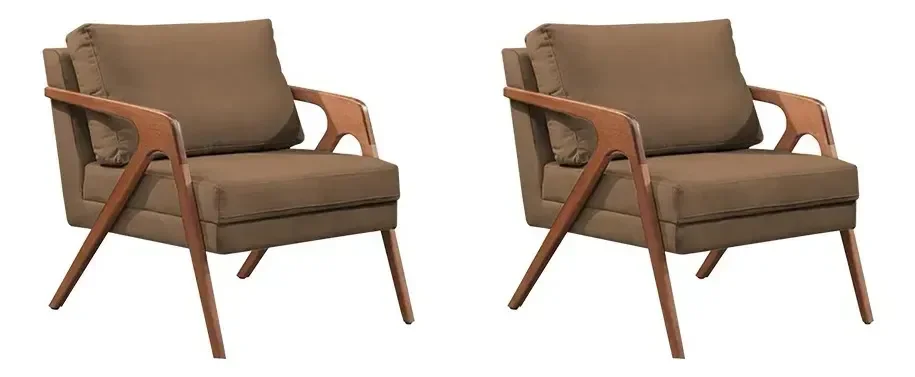 Kit 02 Poltronas Decorativa Mona Luxo Base de Madeira Maciça Sala Recepção Veludo Marrom do Lar Móve