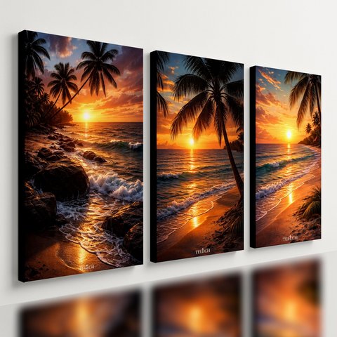 Kit 3 Quadro Decorativo Paisagem Praia Mar para Casa Hotel Qualidade Premium Moderno 28x20cm
