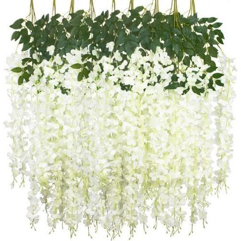 12 Glicinas Artificials Trepadeira Realista Flores Folhagem:Branco