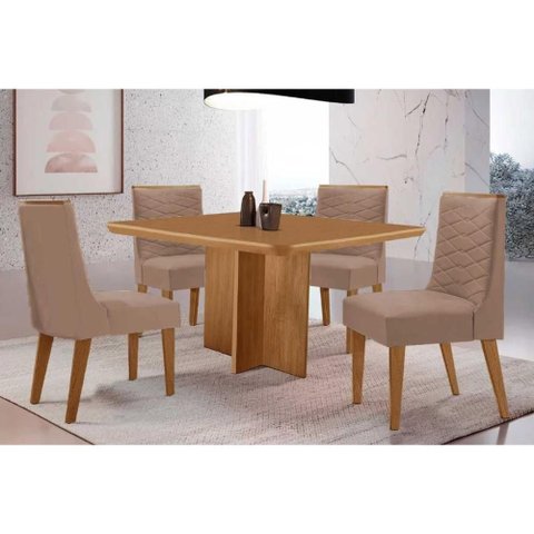 Conjunto: Mesa de Cozinha Berlim Tampo Curvo 90cm+4 Cadeiras Maldivas Madeira Naturale - Capuccino/