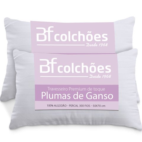 Kit 2 Travesseiros Fibras Toque Pluma de Ganso 100 Algodão Percal 300 Fios Premium Antialérgico 50x7