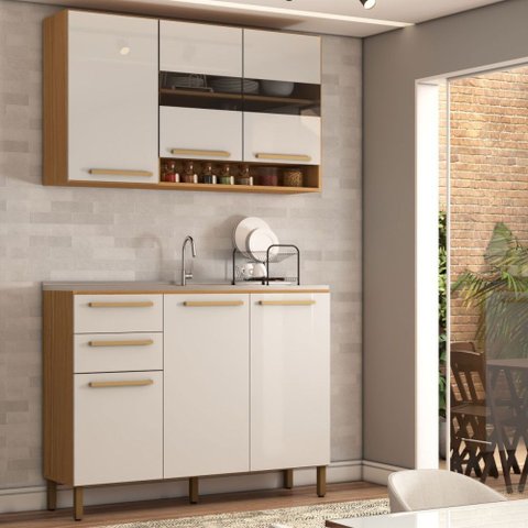 Cozinha Compacta Notte 6 Portas 2 Gavetas 100% Mdf com Vidro Amêndoa/off White - Panorama Móveis