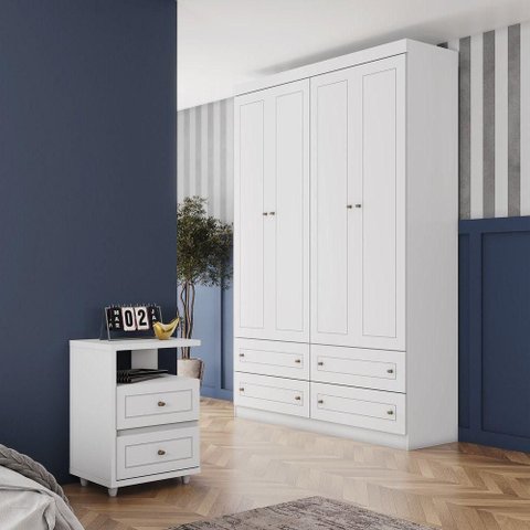 Guarda Roupa e Mesa de Cabeceira Americana 4 Portas 6 Gavetas Branco Móveis Henn