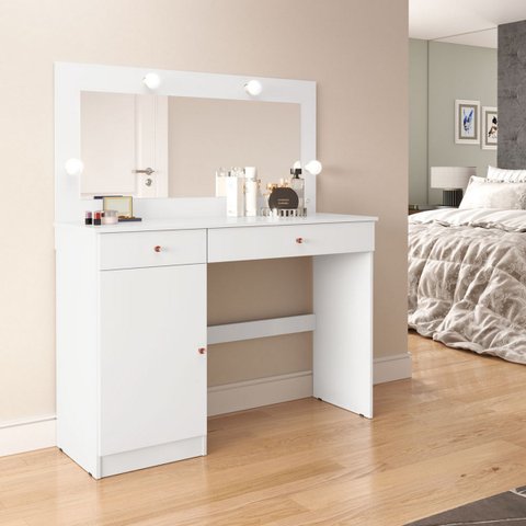 Penteadeira Camarim Diamante 2 Gavetas LED Espelho Quarto Retro:Branco Acetinado