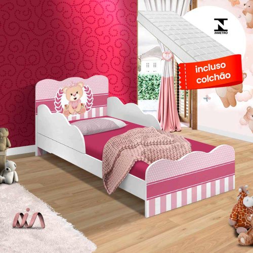 Mini cama Juvenil Infantil Gatinho Branca/Rosa Com Colchão