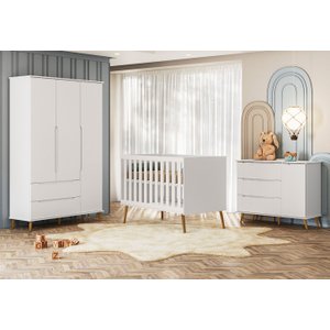Quarto de Bebê Completo Retrô Berço 3 em 1 Cômoda Guarda Roupa Lunna Peternella