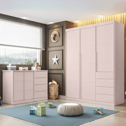 Quarto completo com Guarda Roupa 3 Portas e 4 Gavetas + Cômoda 2 Portas e 4 Gavetas Pérola Rosê - Ph