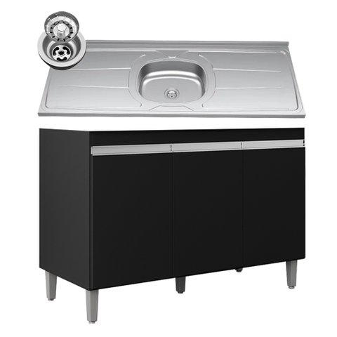 Balcão de Cozinha com Pia Inox 120cm 3 Portas Manu Preto - Ajl Móveis