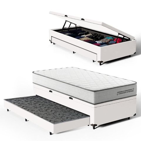 Cama Box Baú Solteiro com Colchão de Molas Ensacadas Double Comfort + Auxiliar 88 cm