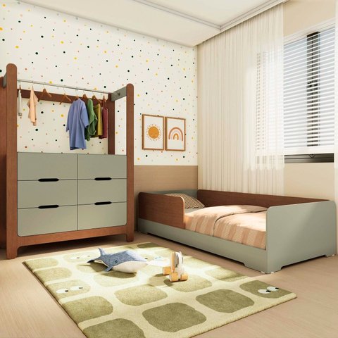 Quarto Infantil Completo Guarda-Roupa Closet e Cama Solteiro Montessoriana 100% MDF Olivia e Mark Verde/Verti/Castanho