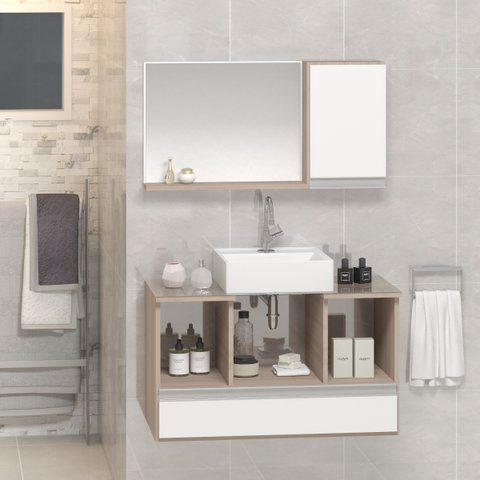 Conjunto Gabinete Banheiro VENUS 80cm Madeirado/Branco - Gabinete + Cuba + Espelheira + Tampo Vidro