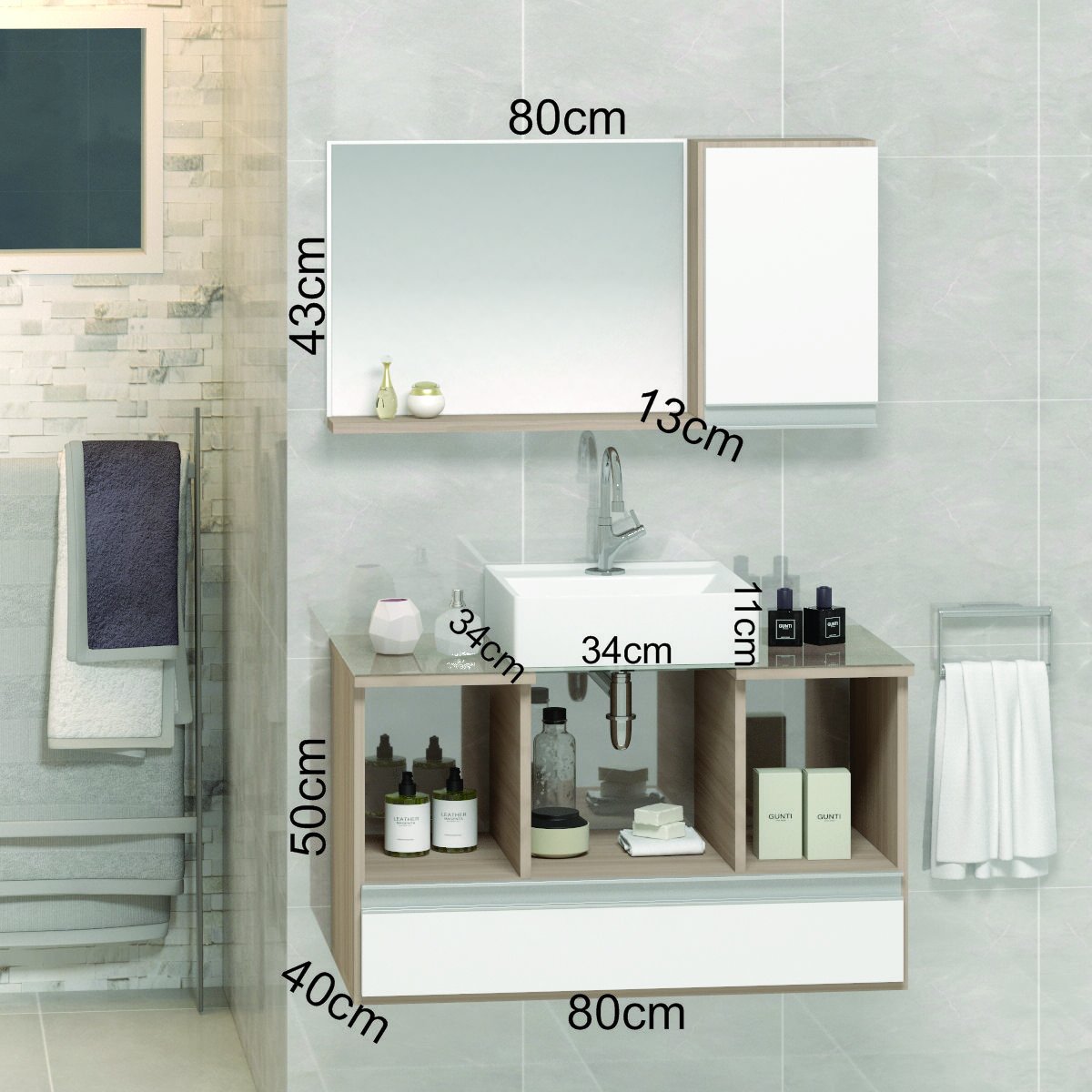 Conjunto Gabinete Banheiro VENUS 80cm Madeirado/Branco - Gabinete + Cuba + Espelheira + Tampo Vidro - 2