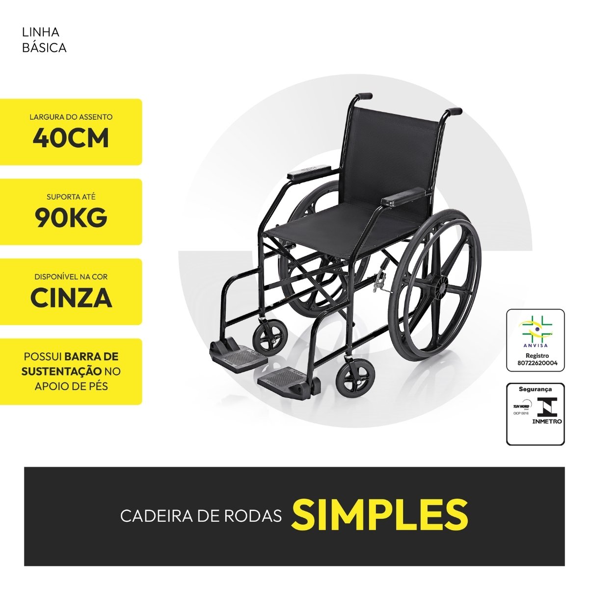 Cadeira de Rodas Simples Pneu Macico 40cm 90kg Prolife - 4