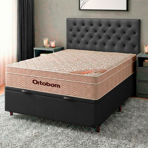 Cama Box Bau + Colchão Casal Ortobom Molas Ensacadas Airtech + Cabeceira Estofada