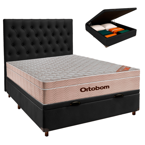 Cama Box Bau + Colchão Casal Ortobom Molas Ensacadas Airtech + Cabeceira Estofada
