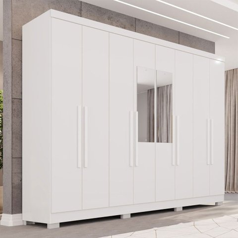 Guarda-roupa Casal Pinheiro 8 Portas 4 Gavetas com Pés e Espelho Branco - Pnr Móveis